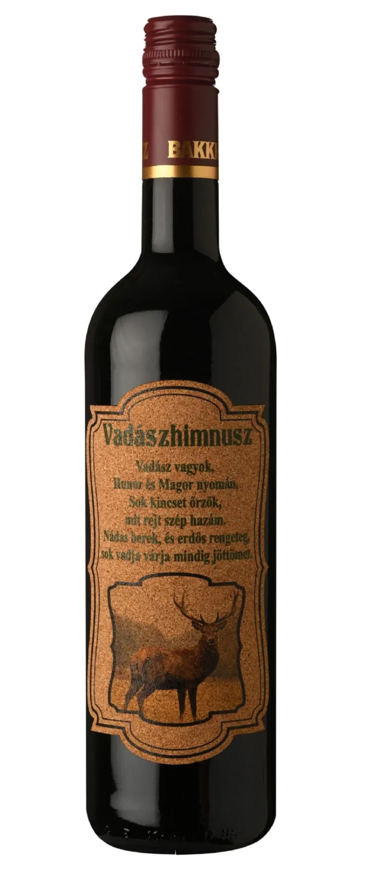 Mátrai Kékfrankos "Vadászhimnusz" feliratú parafacímkével