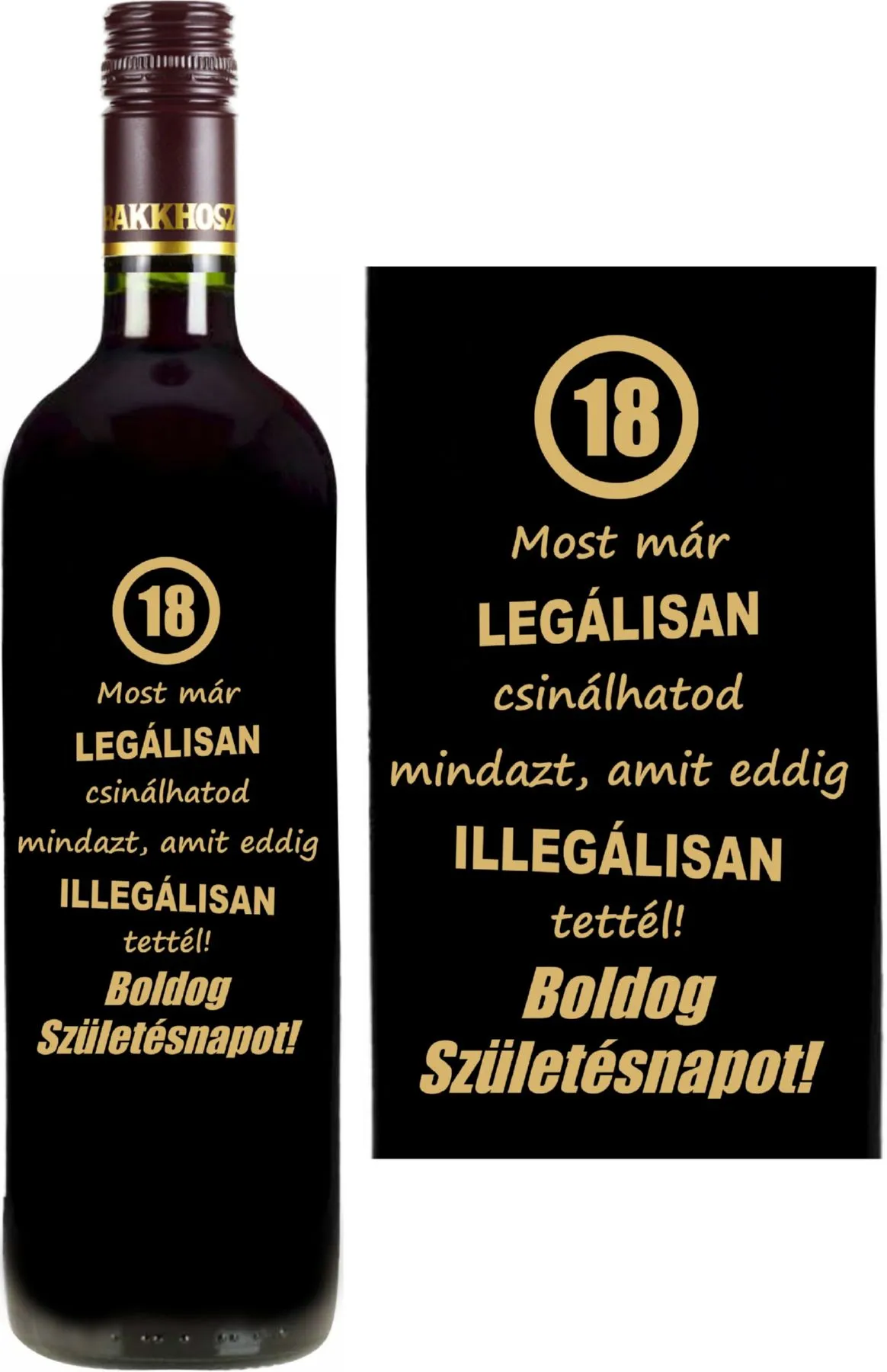 Mátrai Cabernet Sauvignon-nal töltött palack vicces 18. születésnapra felirattal
