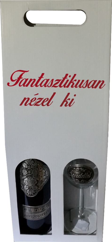 “Fantasztikusan nézel ki” feliratú doboz fémcímkés borral és pohárral