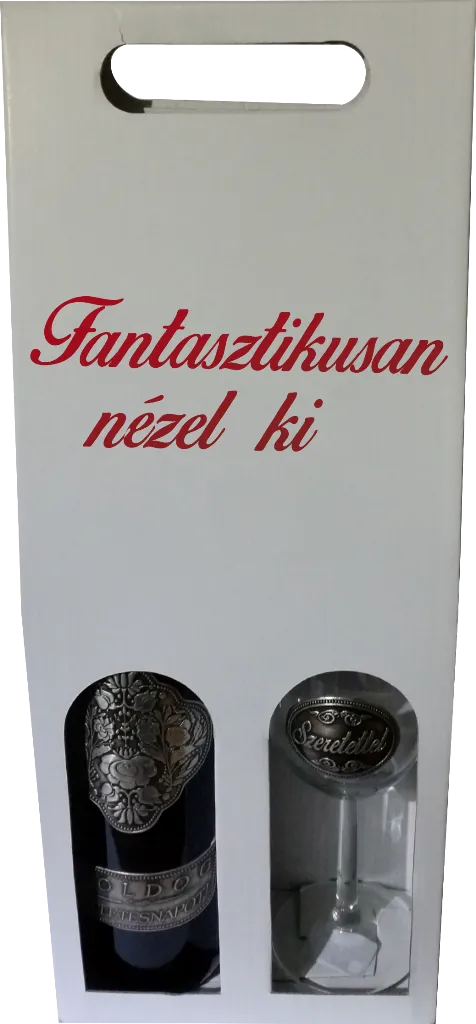 "Fantasztikusan nézel ki"  feliratú doboz fémcímkés borral és pohárral
