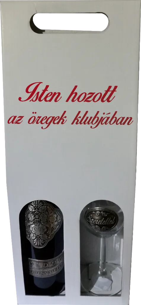 "Isten hozott" feliratú doboz fémcímkés borral és pohárral