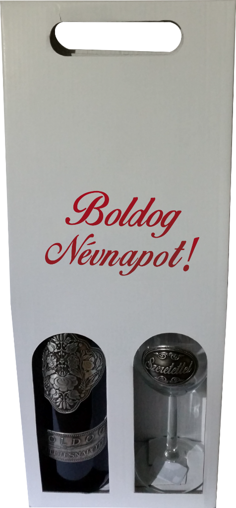 “Boldog Névnapot” feliratú doboz fémcímkés borral és pohárral