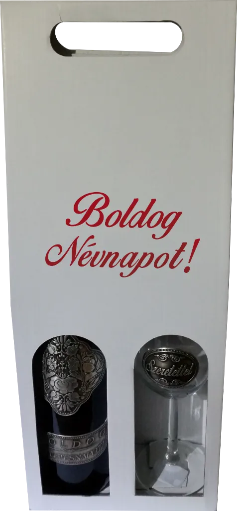 "Boldog Névnapot" feliratú doboz fémcímkés borral és pohárral