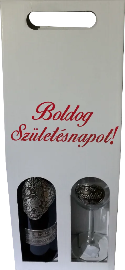 “Boldog Születésnapot” feliratú doboz fémcímkés borral és pohárral